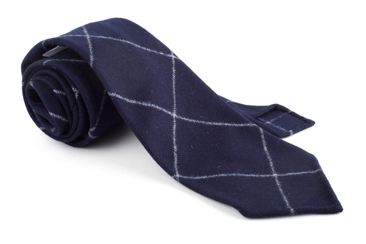 Plaid Wool Untipped Tie - Navy Blue/White