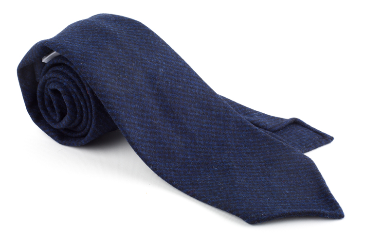 Houndstooth Wool Untipped Tie - Navy Blue/Mid Blue