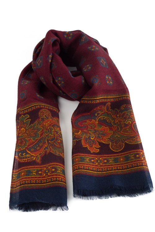 Medallion Printed Wool Scarf - Burgundy/Navy Blue