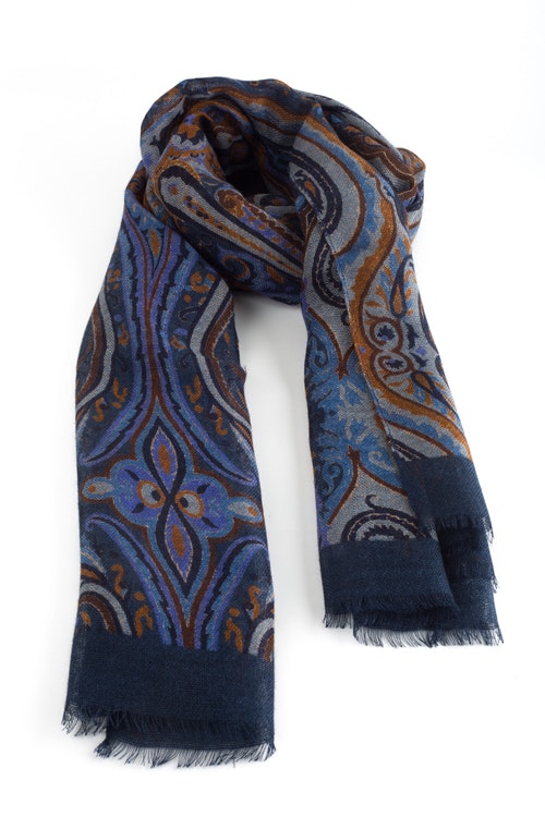 Aiuola Printed Wool Scarf - Navy Blue/Grey/Light Blue