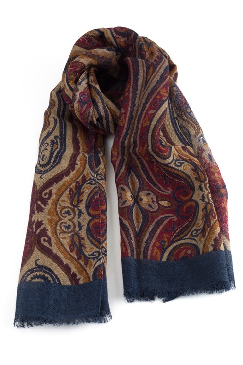 Aiuola Printed Wool Scarf - Beige/Burgundy/Navy Blue - Granqvist - Ties,  shirts and accessories