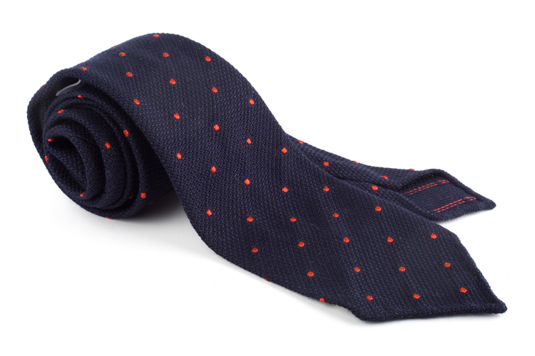 Polka Dot Wool Grenadine Tie - Untipped - Navy Blue/Orange
