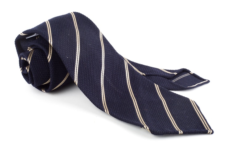 Regimental Wool Shantung Grenadine Tie - Untipped - Navy Blue/Creme