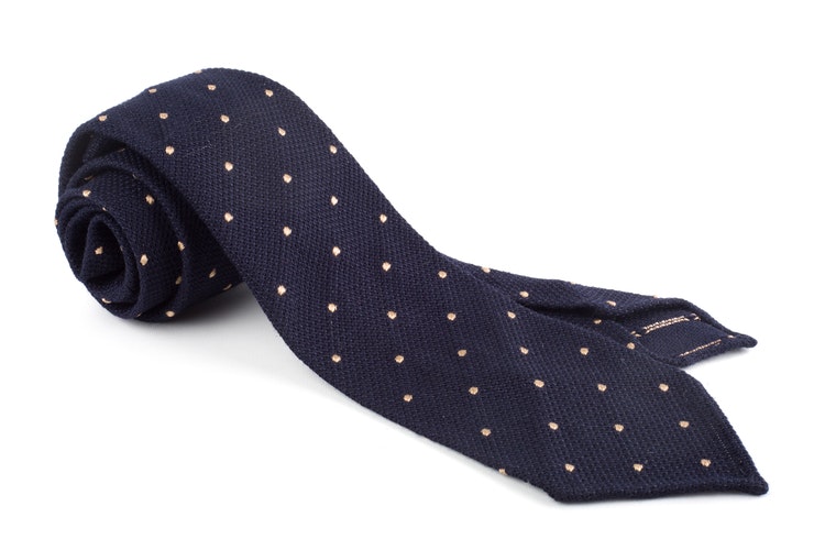 Polka Dot Wool Grenadine Tie - Untipped - Navy Blue/Creme