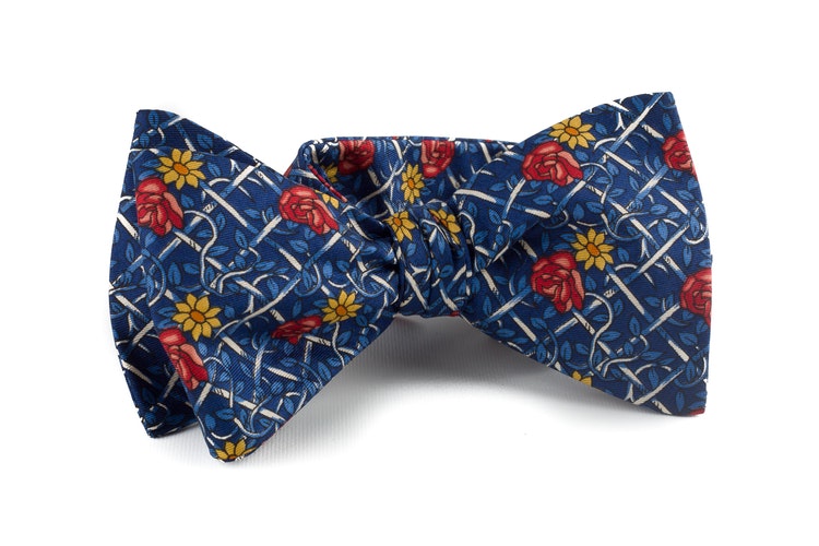 Floral Vintage Silk Bow Tie - Navy Blue/Light Blue/Red/Yellow