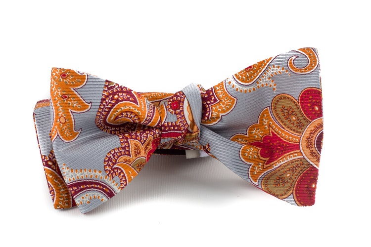 Paisley Vintage Silk Bow Tie - Grey/Orange/Red
