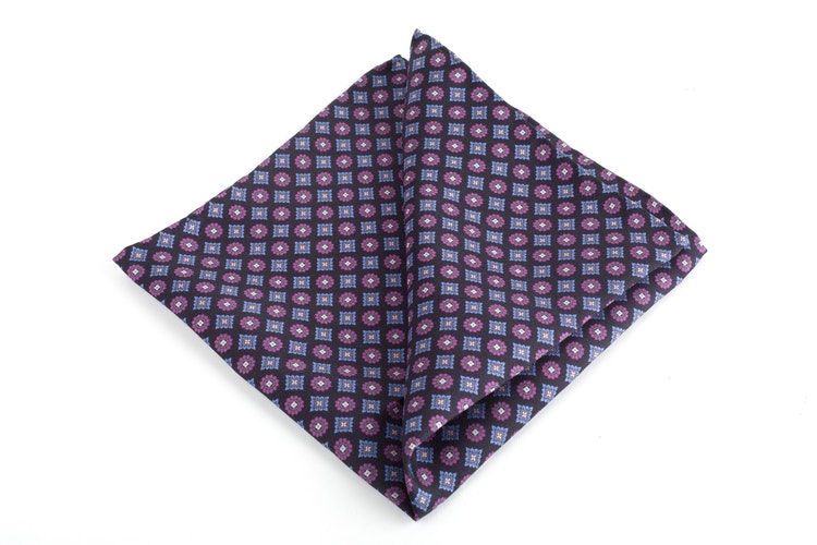 Diamond Printed Silk Pocket Square - Navy Blue/Purple