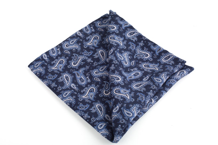 Paisley Printed Silk Pocket Square - Navy Blue/Light Blue