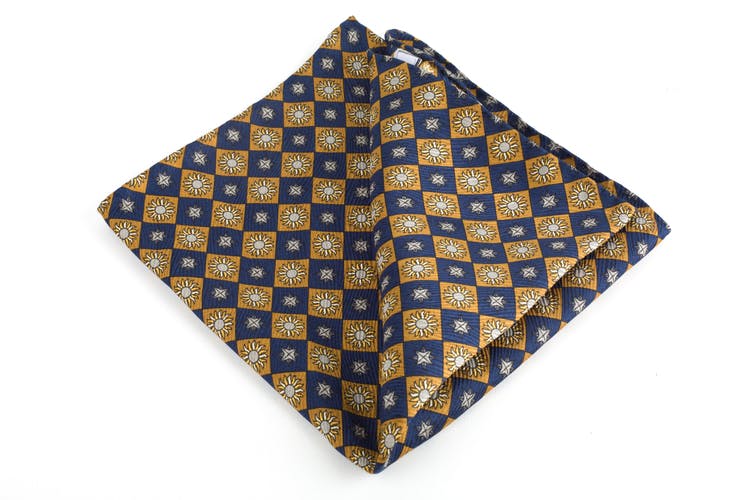 Sole Printed Silk Pocket Square - Vintage - Navy Blue/Yellow