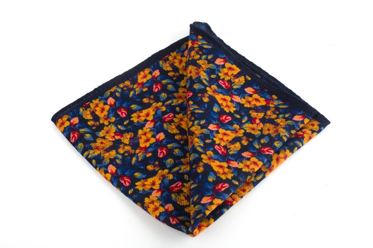 Auiola Printed Wool Pocket Square - Navy Blue/Yellow