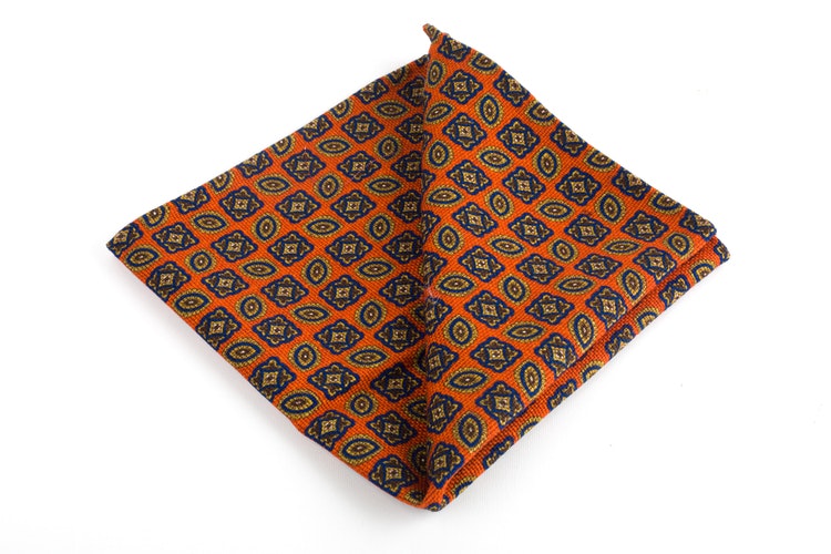 Medallion/Micro Wool Pocket Square - Double - Orange/Blue/Beige