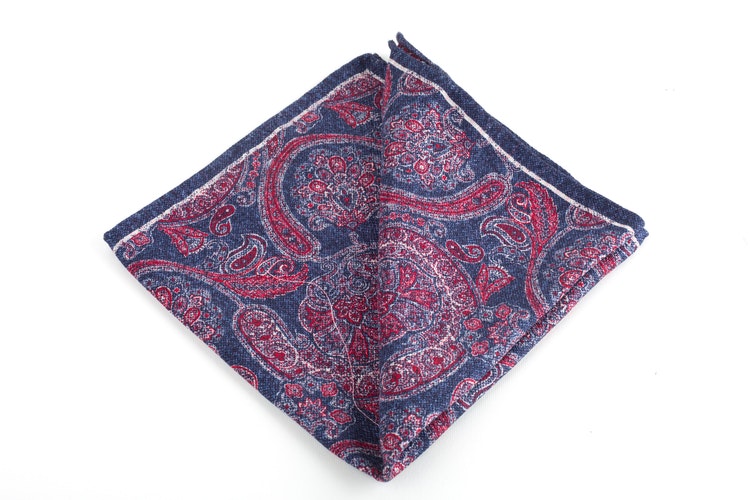 Paisley/Plaid Silk Pocket Square - Double - Navy Blue/Red
