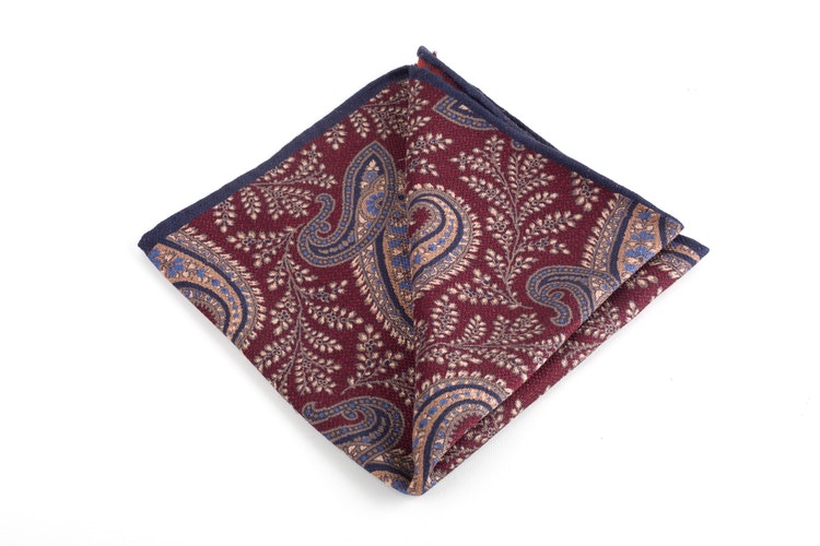 Paisley/Dots Silk/Wool Pocket Square - Double - Burgundy/Beige