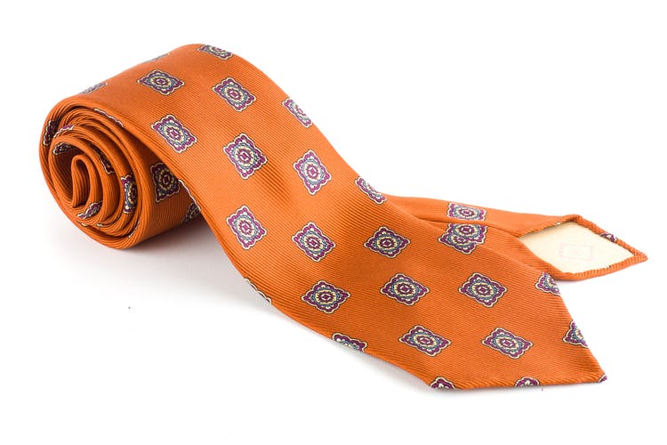 Medallion Printed Silk Tie - Untipped - Orange/Beige/Purple/Grey