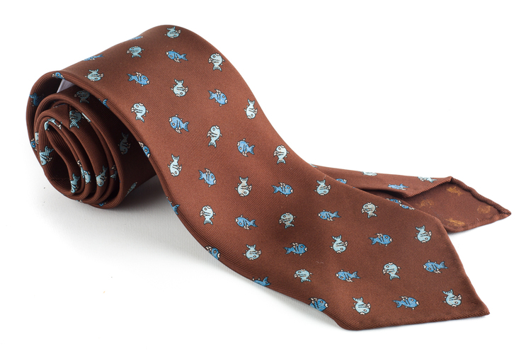 Fish Printed Silk Tie - Untipped - Brown/Light Blue