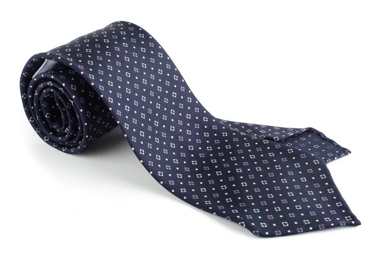 Square Printed Silk Tie - Untipped - Navy Blue/Light Blue