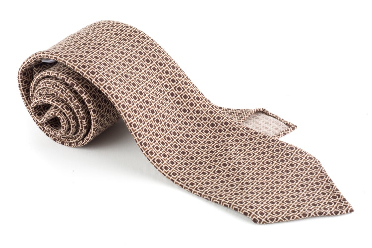 Checkered Printed Wool Tie - Untipped - Brown/Beige