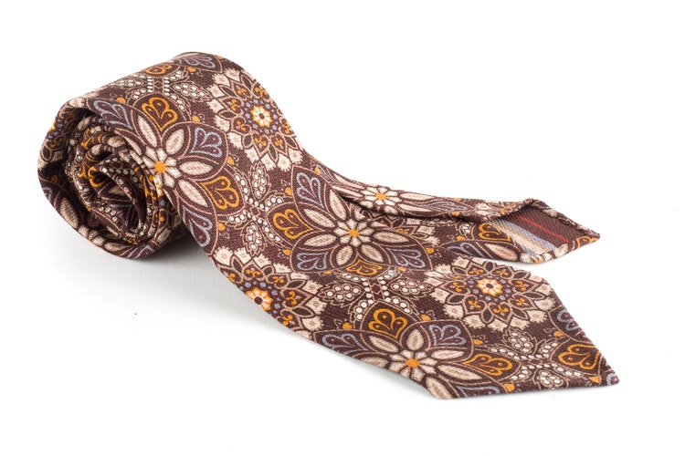 Grande Floral Printed Wool Tie - Untipped - Brown/Beige