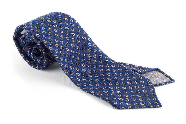 Paisley Printed Wool Tie - Untipped - Navy Blue/Beige