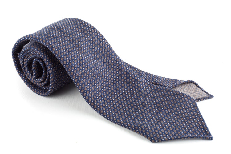 Micro Printed Wool Tie - Untipped - Navy Blue/Brown