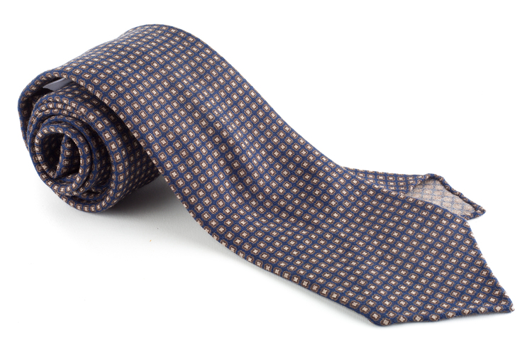Micro Square Printed Wool Tie - Untipped - Navy Blue/Brown