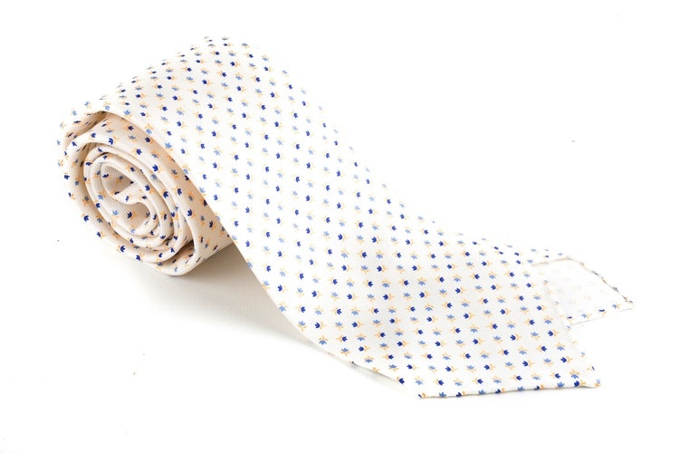 Floral Printed Silk Tie - Untipped - Creme White/Light Blue