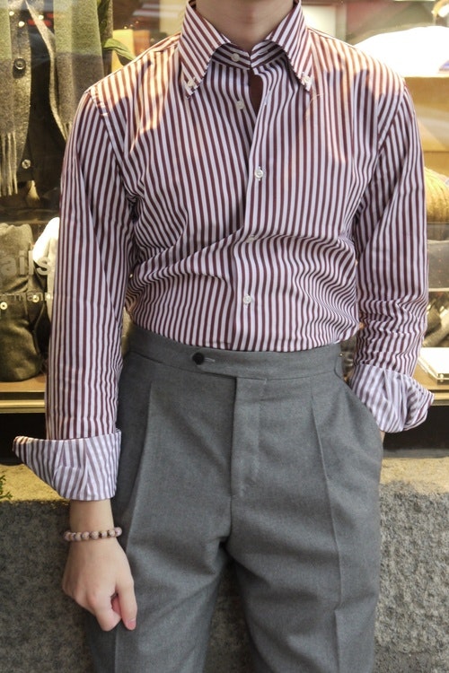 Bengal Stripe Twill Shirt - Button Down - Burgundy/White