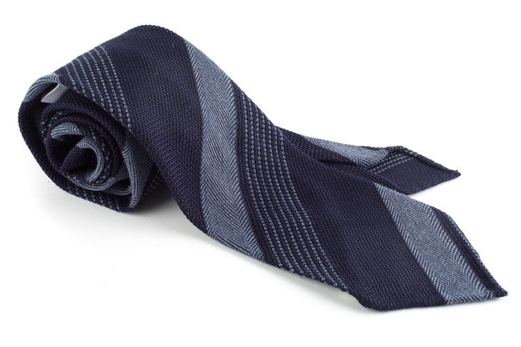 Regimental Wool/Silk Grenadine Tie - Untipped - Navy Blue/Grey