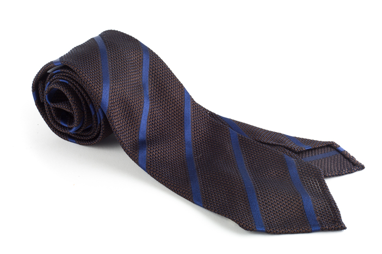 Regimental Silk Grenadine Tie - Untipped - Brown/Navy Blue