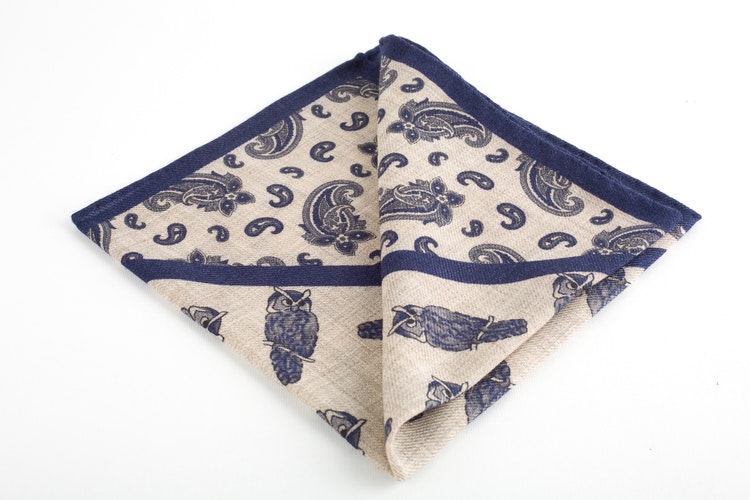Owl Wool Pocket Square - Off White/Navy Blue