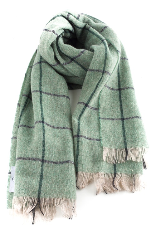 Thin Check Cashmere Scarf - Mint Green/Navy Blue