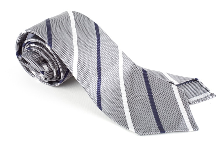Regimental Textured Silk Tie - Untipped - Grey/Navy Blue/White