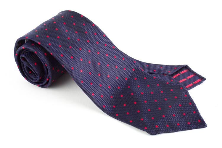 Polka Dot Textured Silk Tie - Untipped - Navy Blue/Red