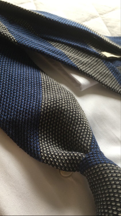 Blockstripe Cashmere/Wool Grenadine Tie - Untipped - Mid Blue/Beige