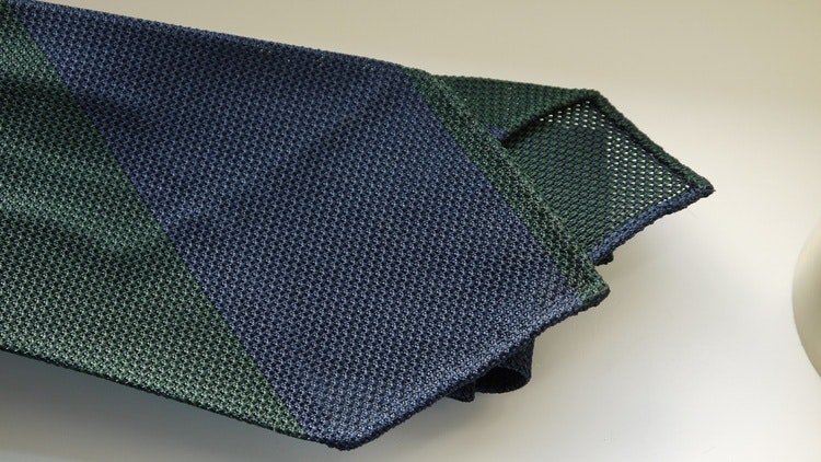 Blockstripe Silk Grenadine Tie - Untipped - Green/Navy Blue