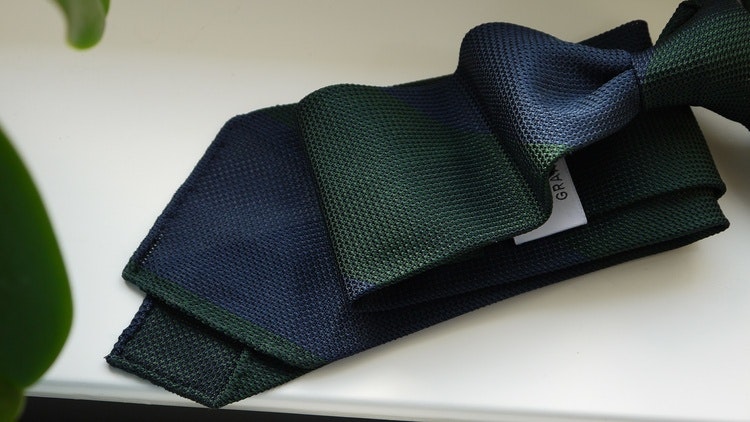 Blockstripe Silk Grenadine Tie - Untipped - Green/Navy Blue
