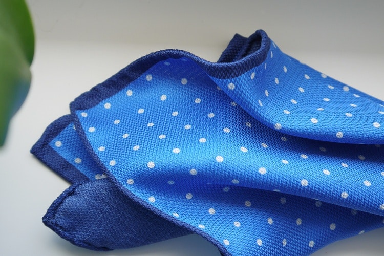 Polka Dot/Solid Silk Pocket Square - Double - Mid Blue/Navy Blue