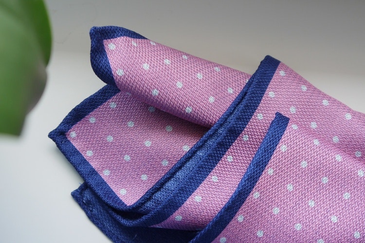 Polka Dot/Solid Silk Pocket Square - Double - Pink/Navy Blue