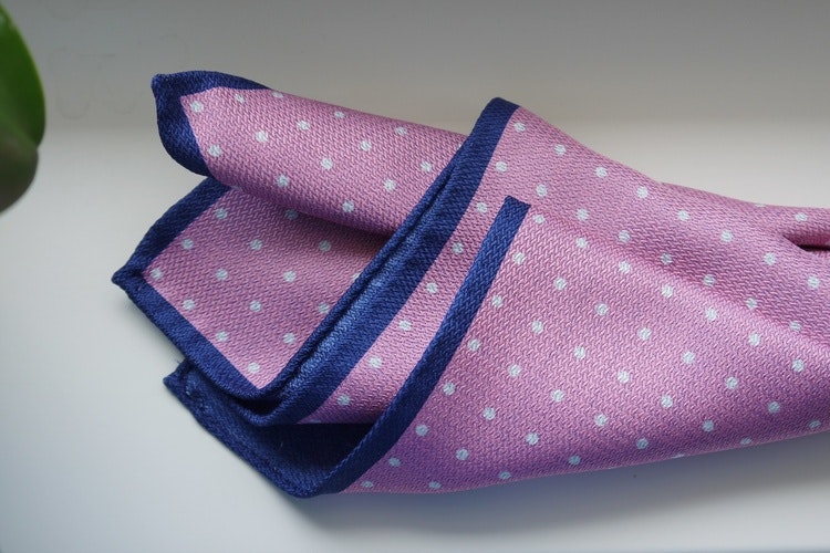 Polka Dot/Solid Silk Pocket Square - Double - Pink/Navy Blue