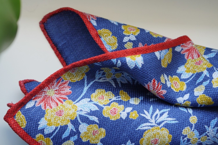 Floral/Solid Silk Pocket Square - Double - Mid Blue/Yellow