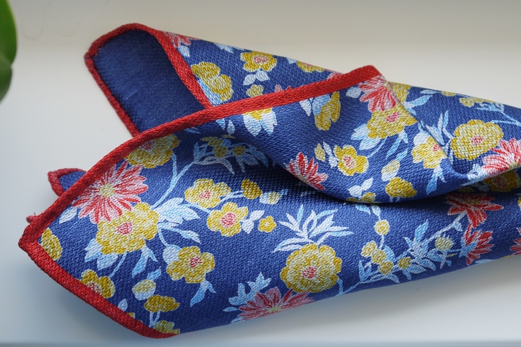 Floral/Solid Silk Pocket Square - Double - Mid Blue/Yellow