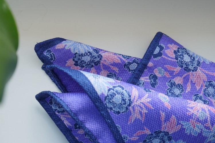 Floral/Solid Silk Pocket Square - Double - Purple/Navy Blue