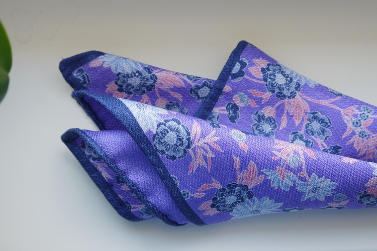 Floral/Solid Silk Pocket Square - Double - Purple/Navy Blue