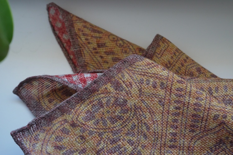 Paisley/Check Linen Pocket Square - Double - Yellow/Burgundy