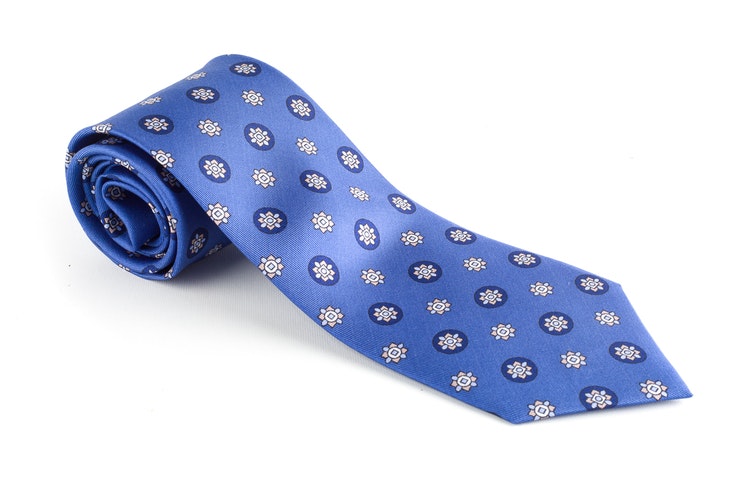 Floral Printed Silk Tie - Light Blue/Navy Blue