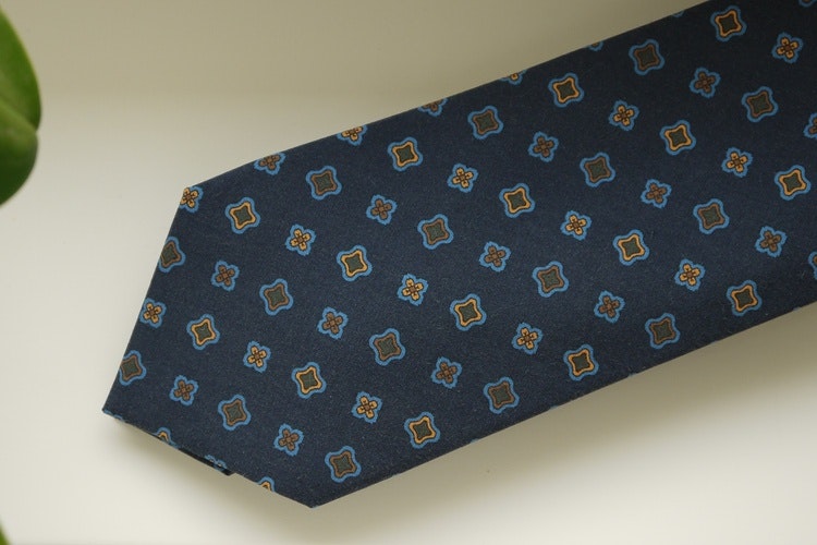 Medallion Madder Silk Tie - Navy Blue/Brown/Orange