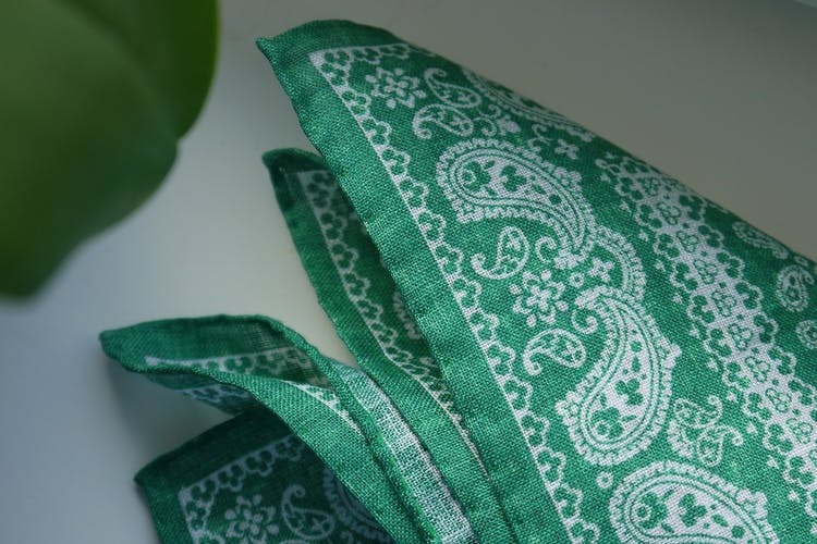 Floral Oriental Linen Pocket Square - Green/Navy Blue/White