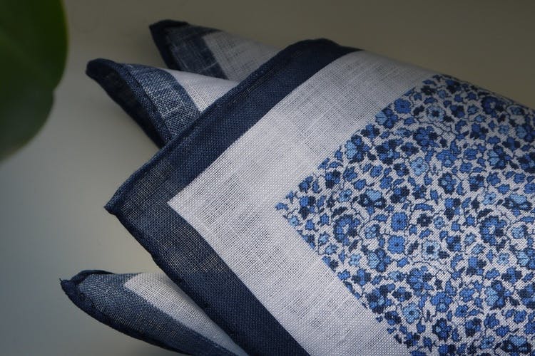 Floral Linen Pocket Square - Navy Blue/White