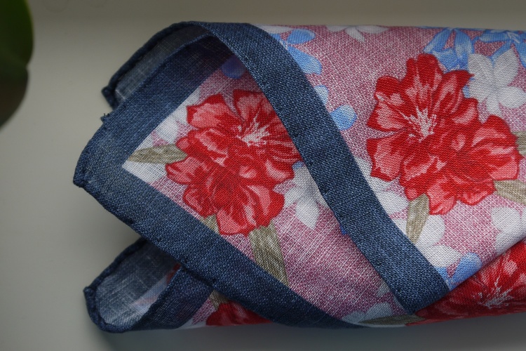 Large Floral Linen Pocket Square - Pink/Navy Blue/Apricot