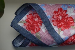 Large Floral Linen Pocket Square - Pink/Navy Blue/Apricot